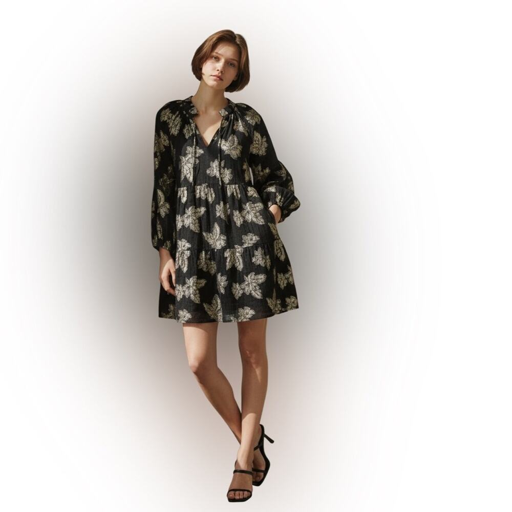 Tommy Bahama Shimmering Shores Tropical Metallic Black Gold Dress Size XS